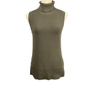 Michael Kors Turtleneck Army Sage Green Ribbed Tank Vented Sides Gold Button Med